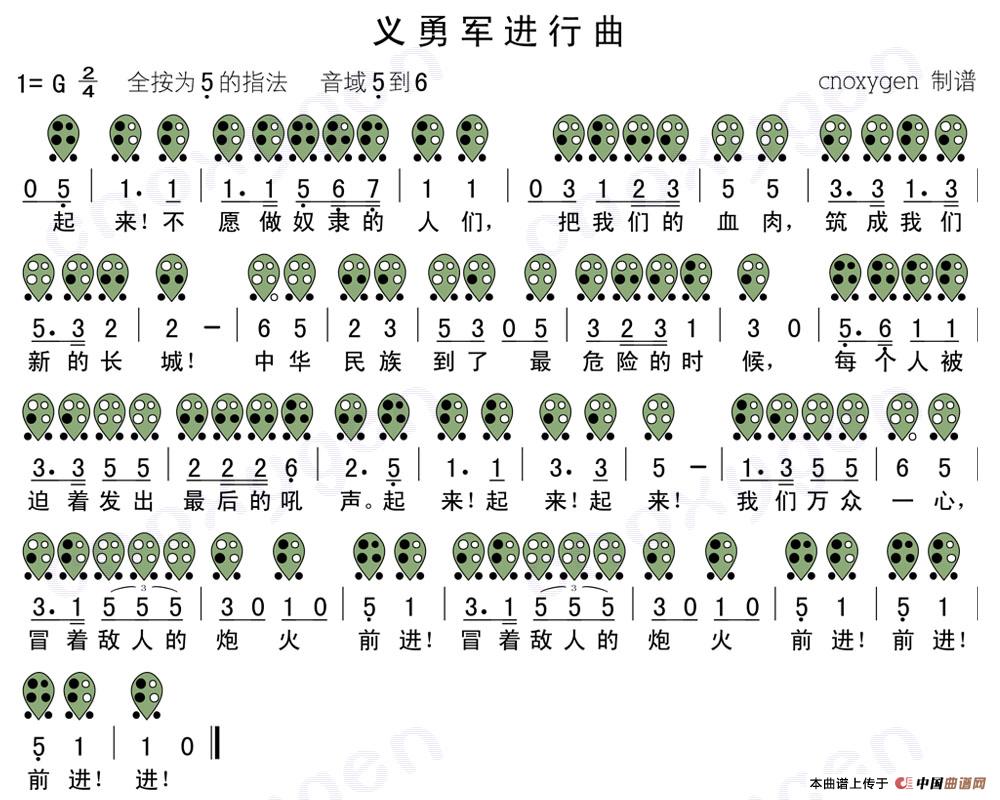 义勇军进行曲（六孔陶笛谱）