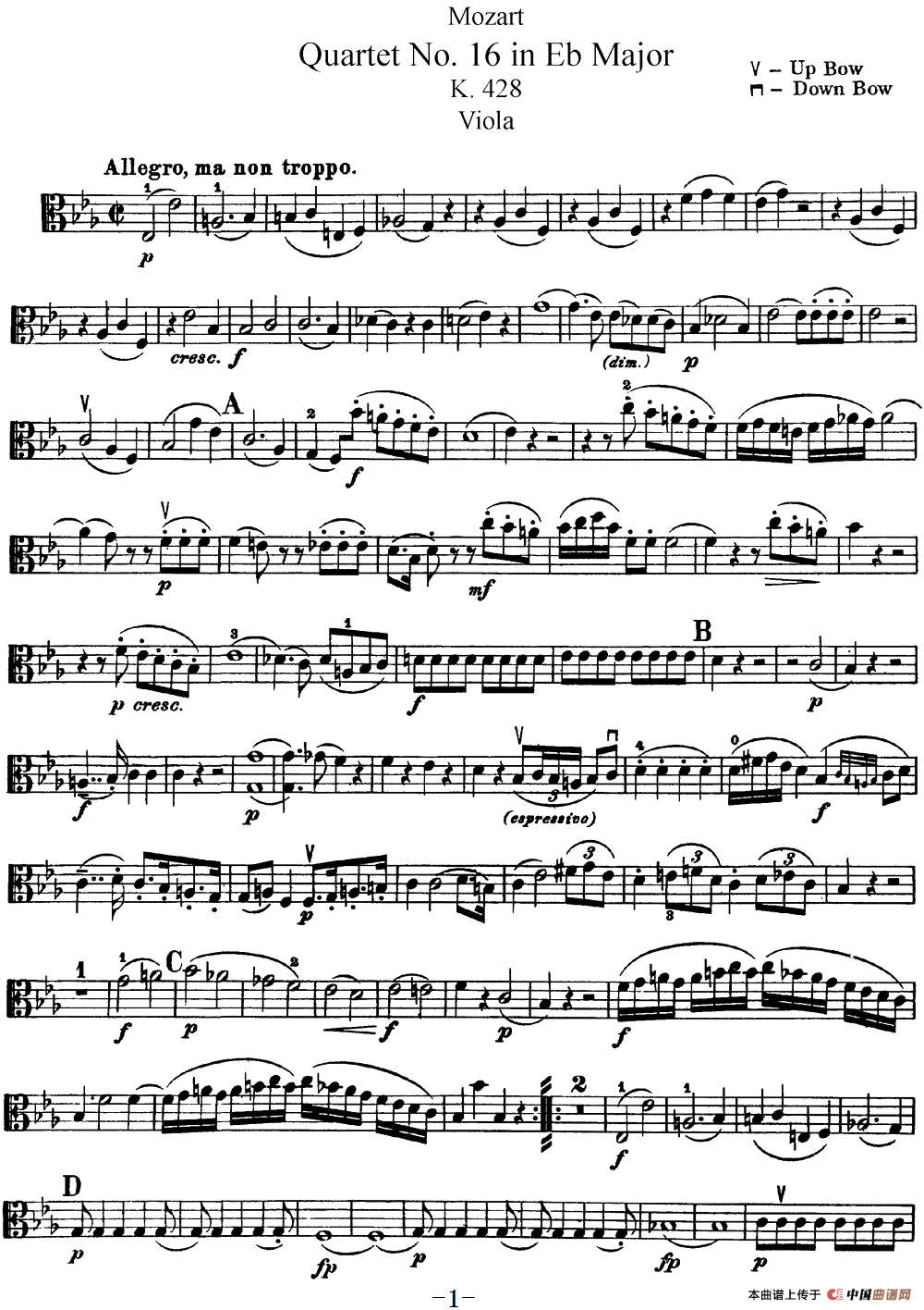 Mozart《Quartet No.16 in Eb Major,K.428》（Viola分谱）