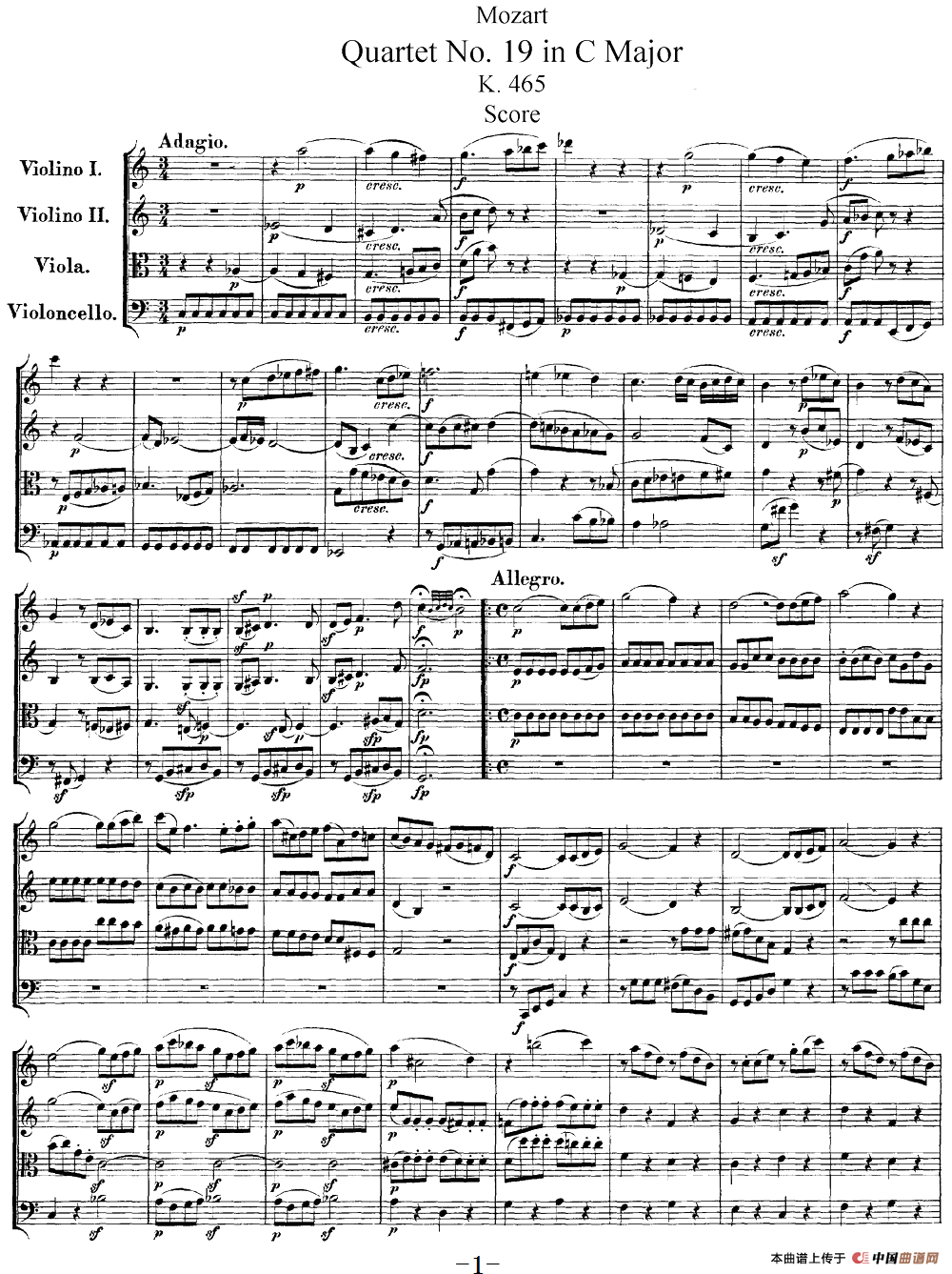 Mozart《Quartet No.19 in C Major,K.465》（总谱）