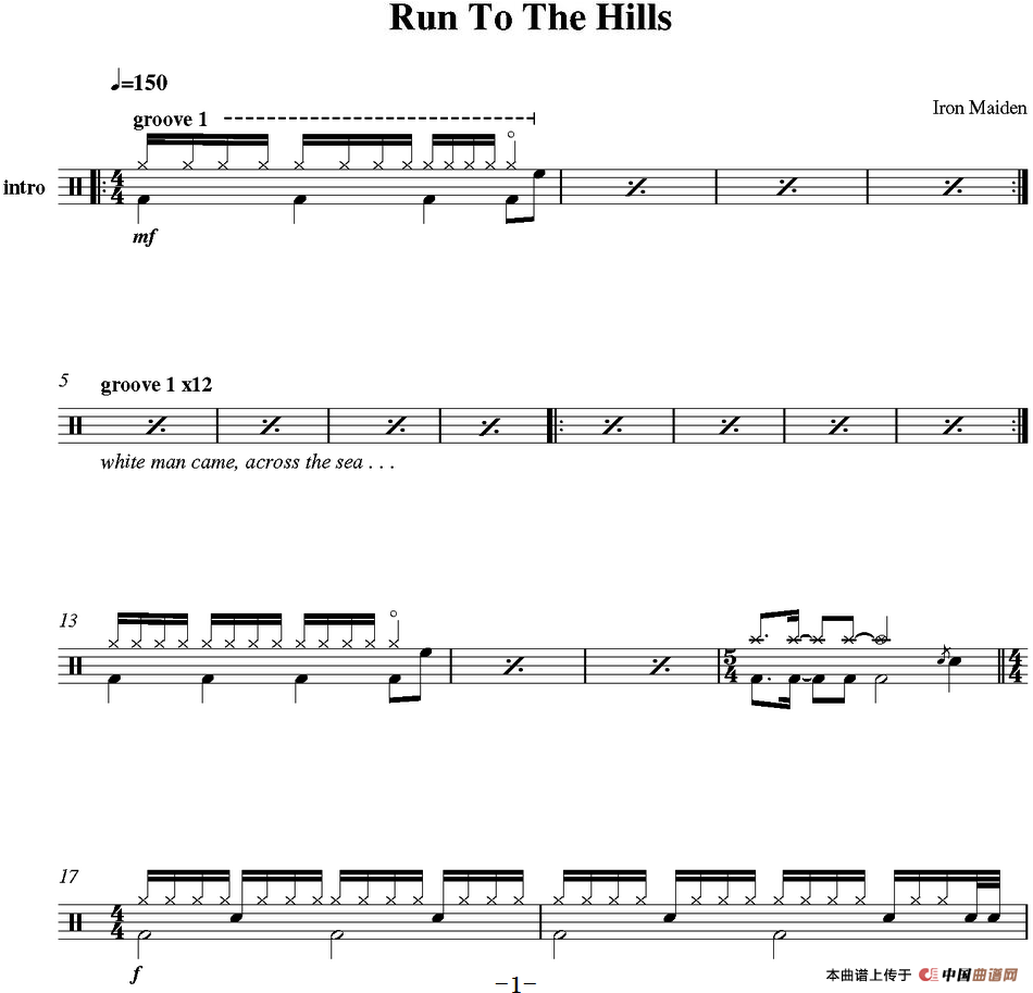 爵士鼓谱：Iron Maiden - Run to the hills