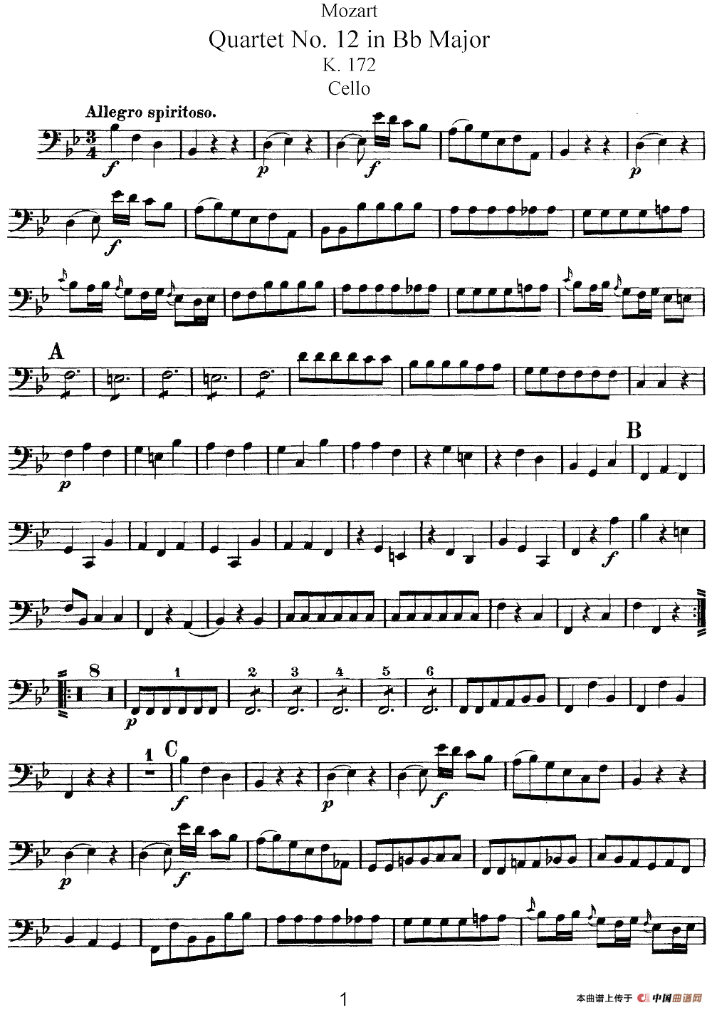 Mozart《Quartet No.12 in Bb Major,K.172》（Cello分谱）