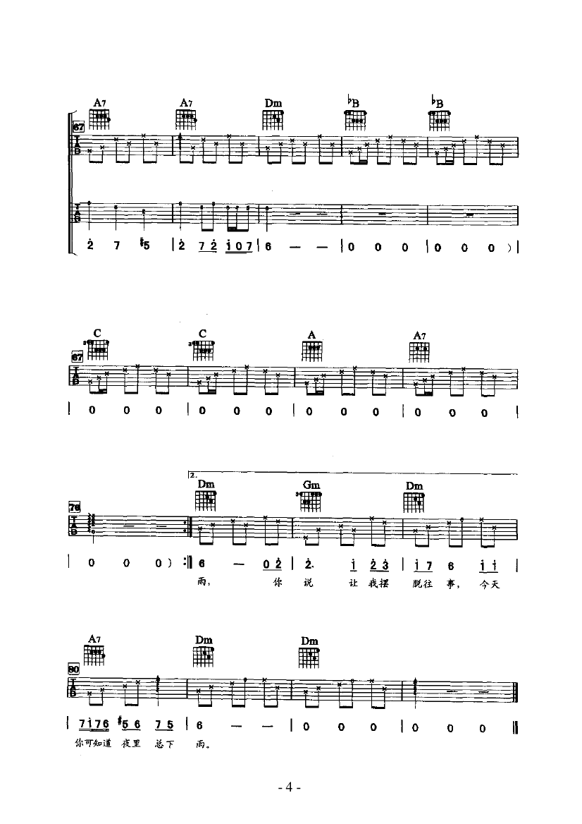 今天夜里总下雨 吉他类 流行吉他谱