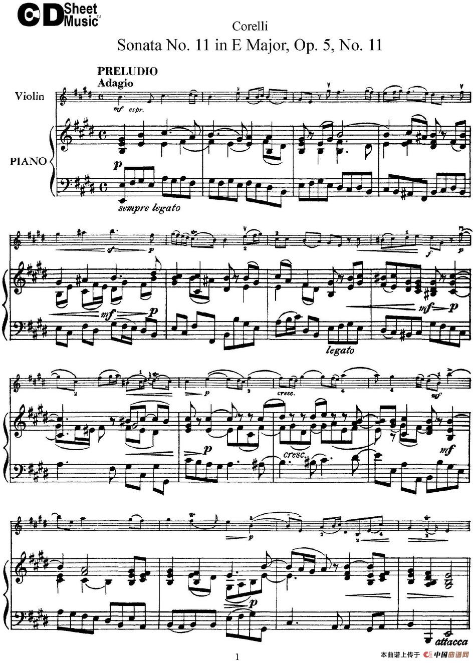 Sonata No.11 in E Major Op.5 No.11（小提琴+钢琴伴奏）