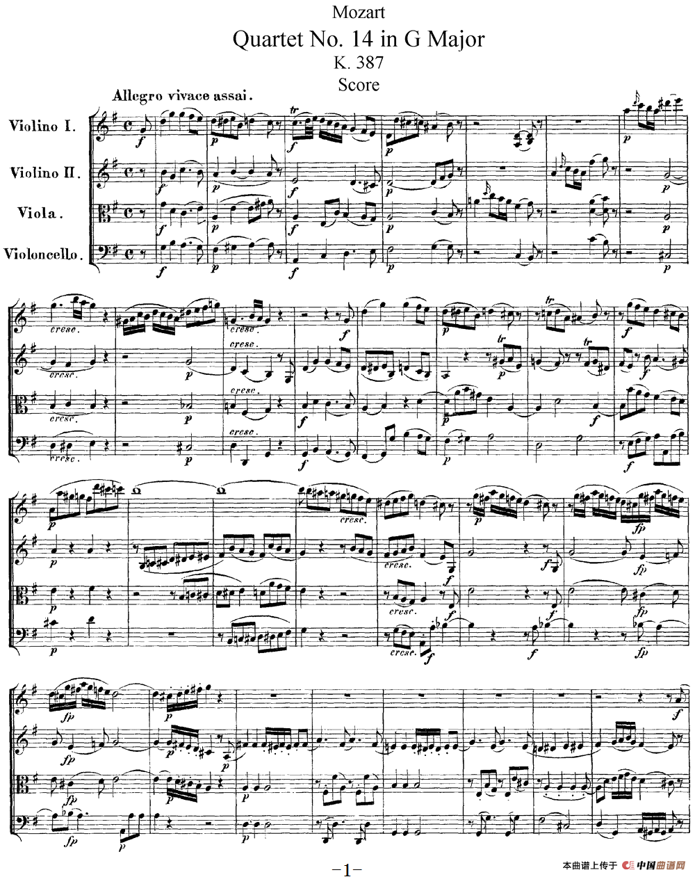 Mozart《Quartet No.14 in G Major,K.387》（总谱）