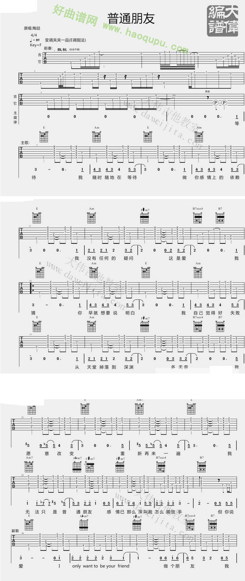 《普通朋友》（陶喆演唱）吉他谱第2张