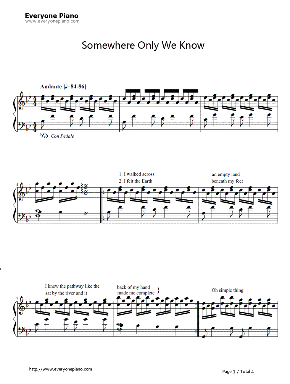 《Somewhere Only We Know》钢琴谱第2张