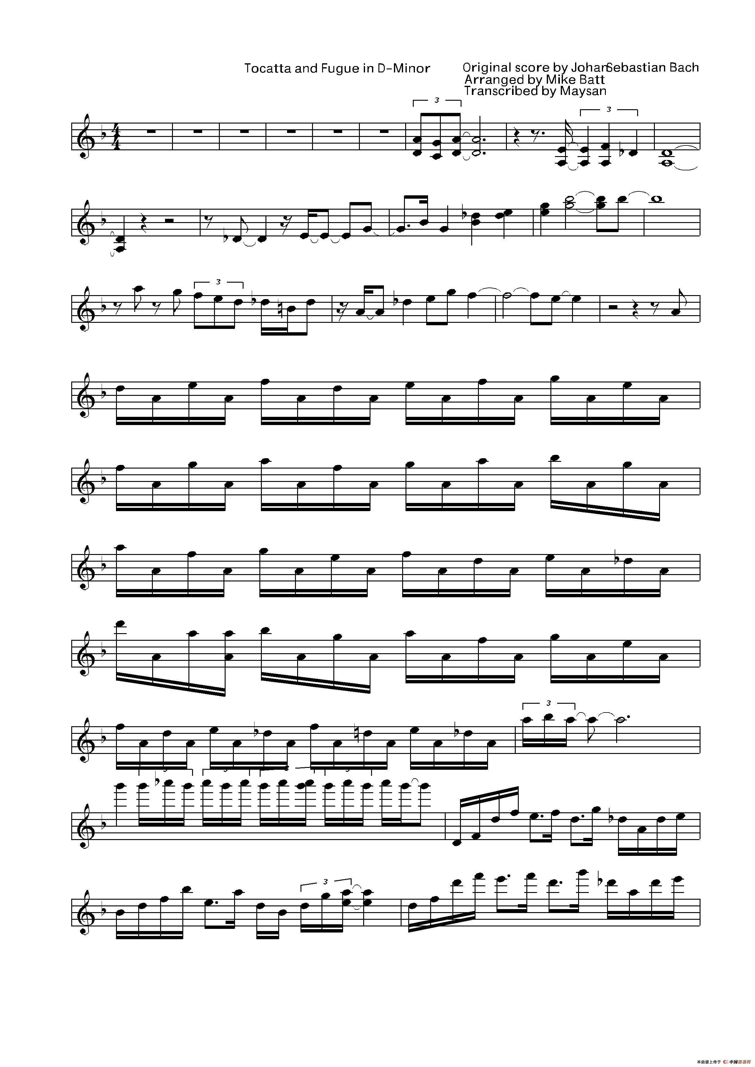 Tocatta and Fugue in D-Minor（小提琴谱）