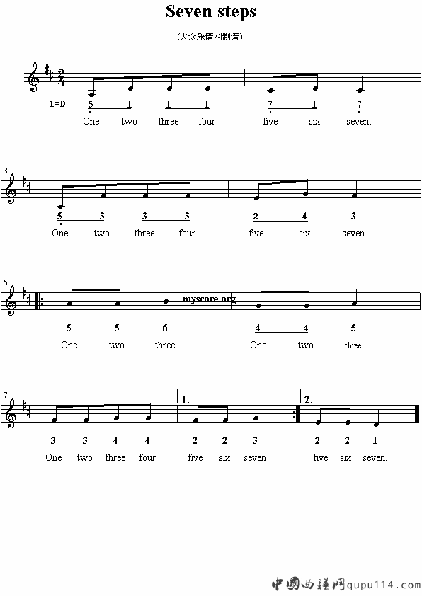 Seven steps（英文儿歌、线简谱混排版）