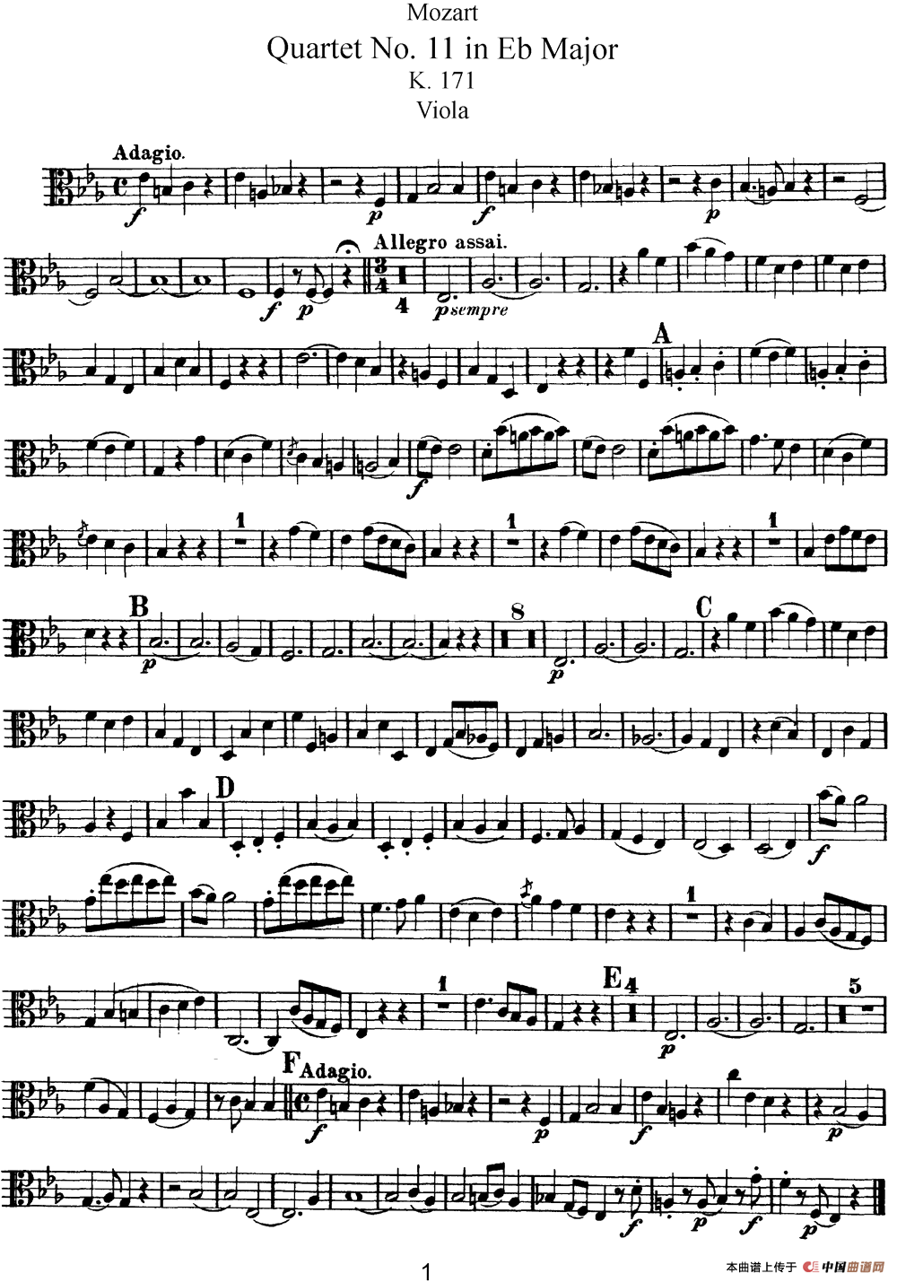 Mozart《Quartet No.11 in Eb Major,K.171》（Viola分谱）