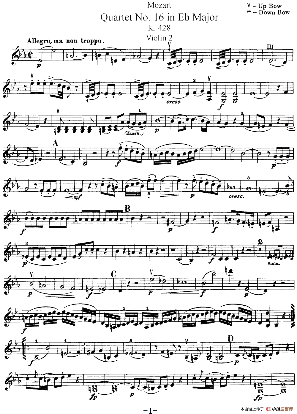 Mozart《Quartet No.16 in Eb Major,K.428》（Violin 2分谱）