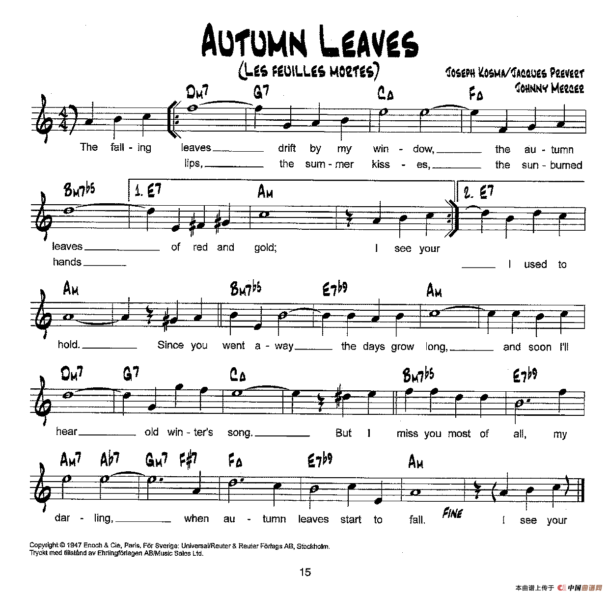 降B爵士乐谱：AUTUMN LEAVES