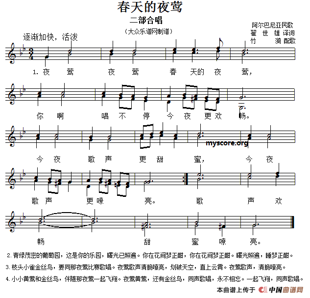 [阿尔巴尼亚]春天的夜莺（二声部、五线谱）