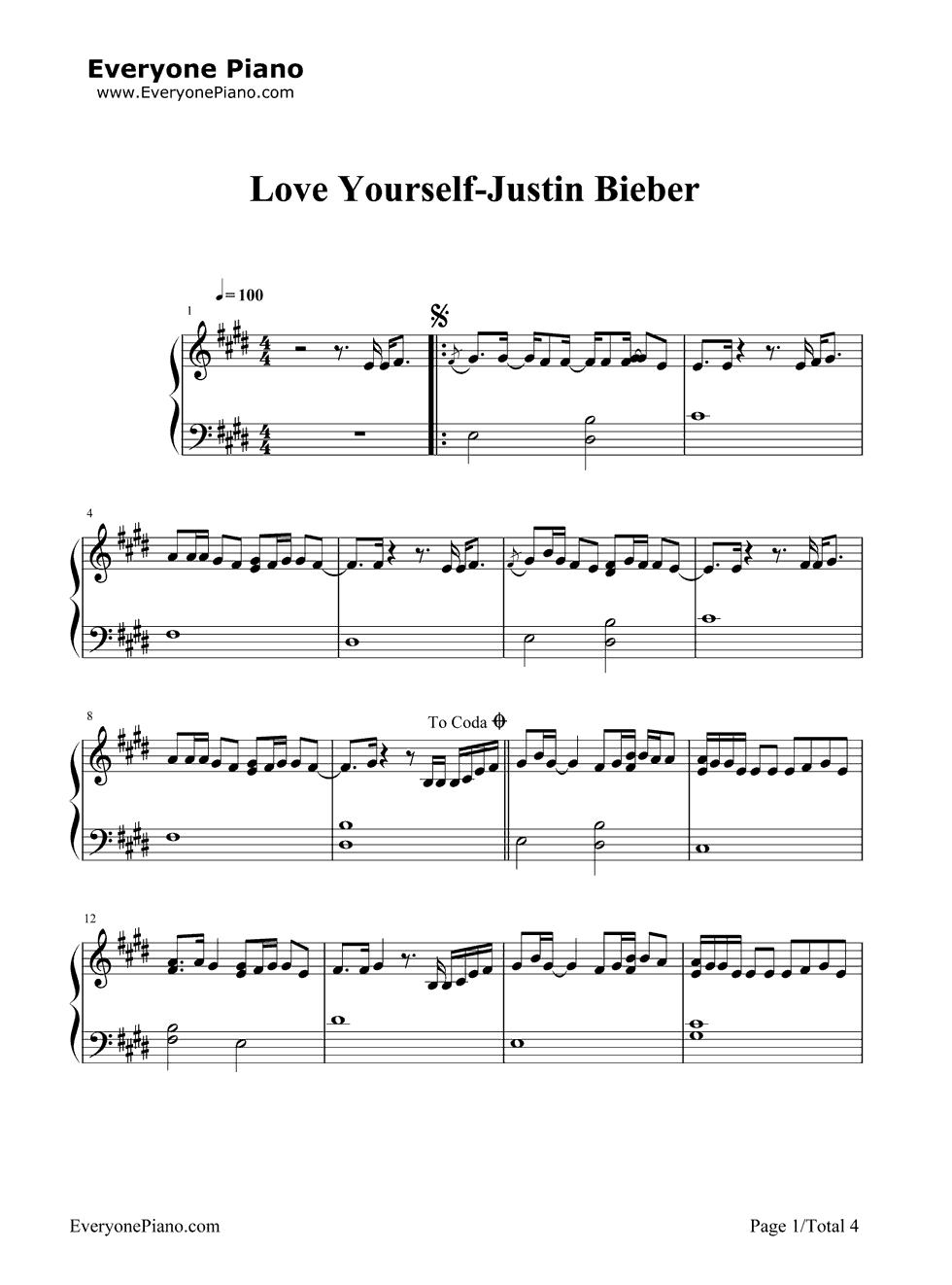 《Love Yourself》（Justin Bieber演唱） 钢琴谱第2张