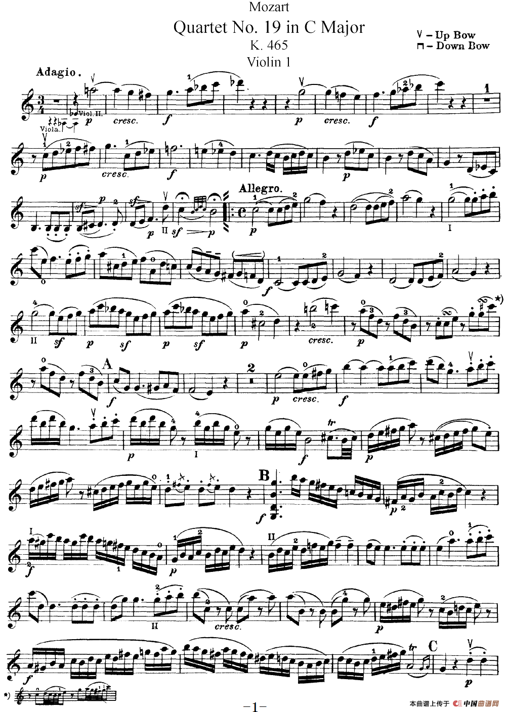 Mozart《Quartet No.19 in C Major,K.465》（Violin 1分谱）