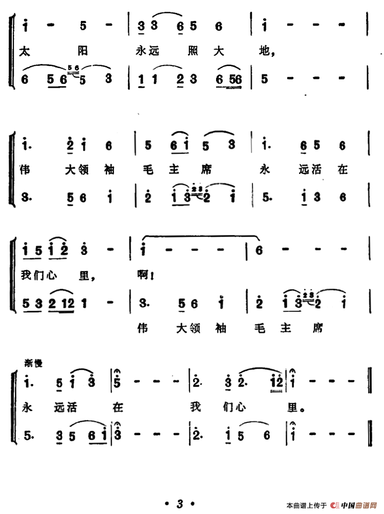 毛主席永远活在我们心里（男女声二重唱）合唱谱