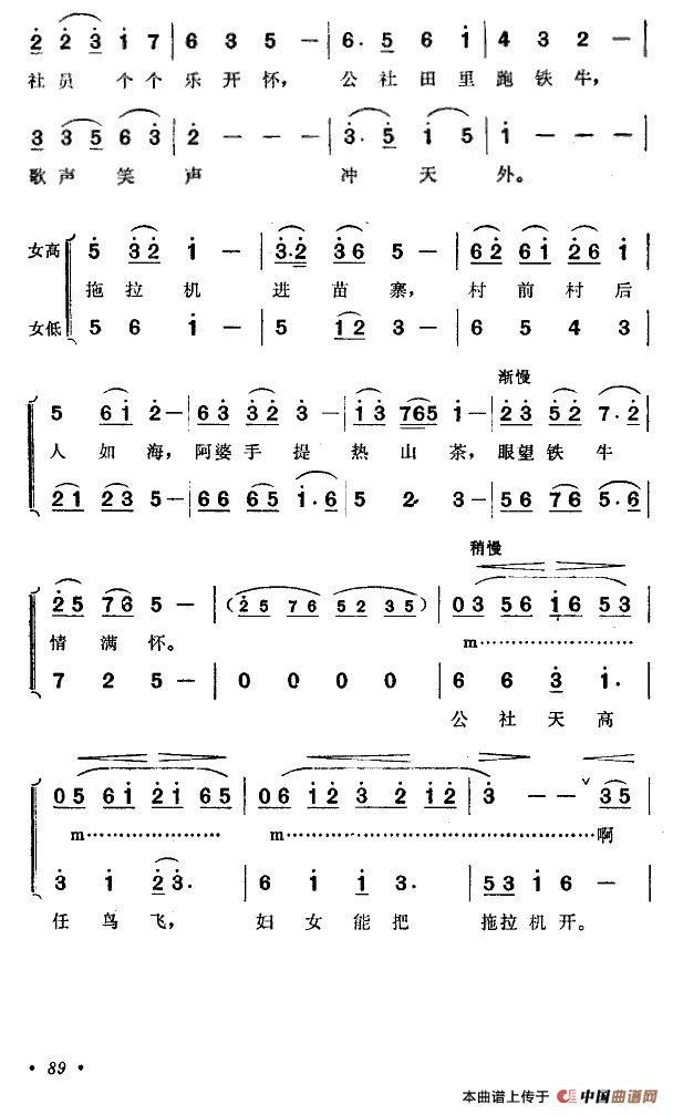 拖拉机开进苗山寨（女声合唱）合唱谱慢速版