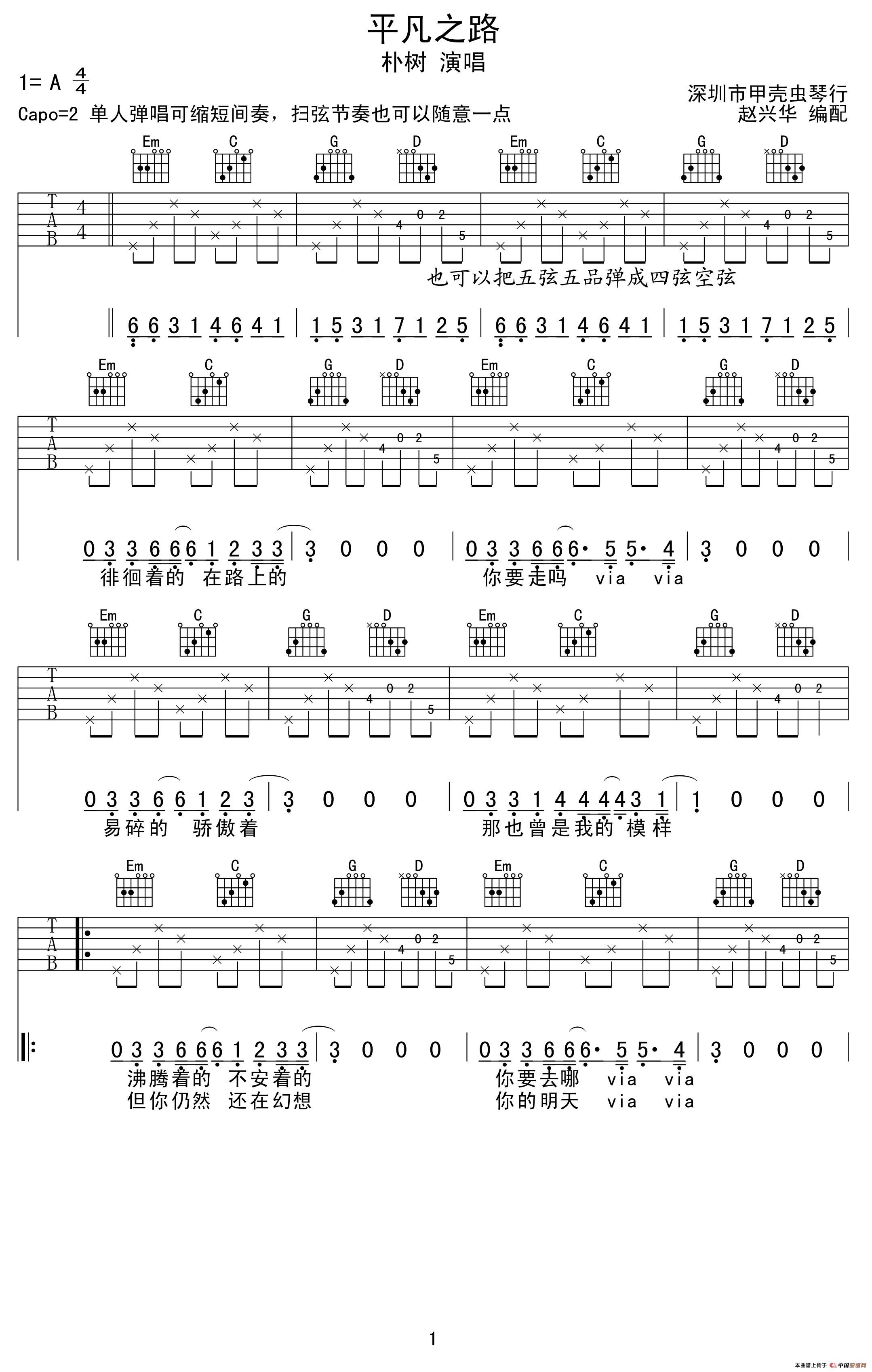 平凡之路（赵兴华编配版）吉他谱