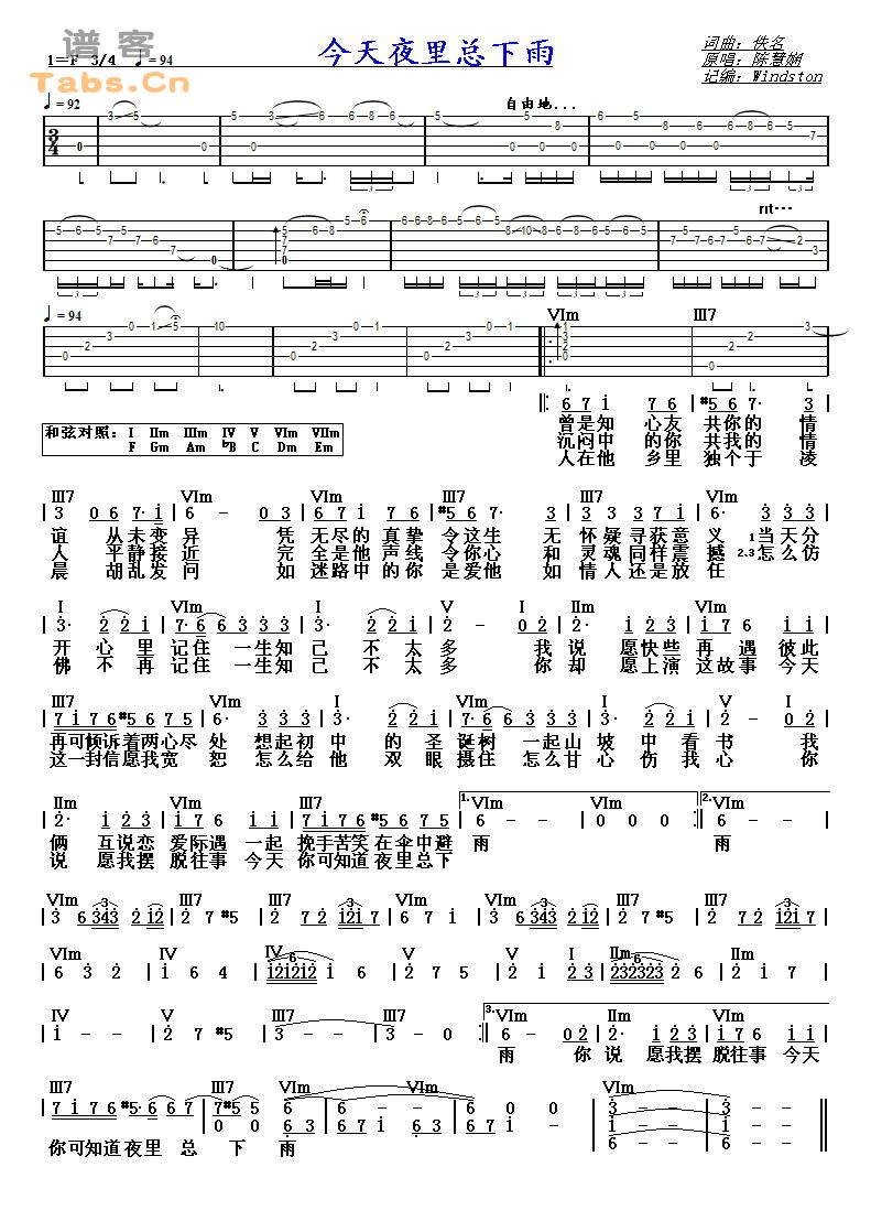 今天夜里总下雨吉他谱