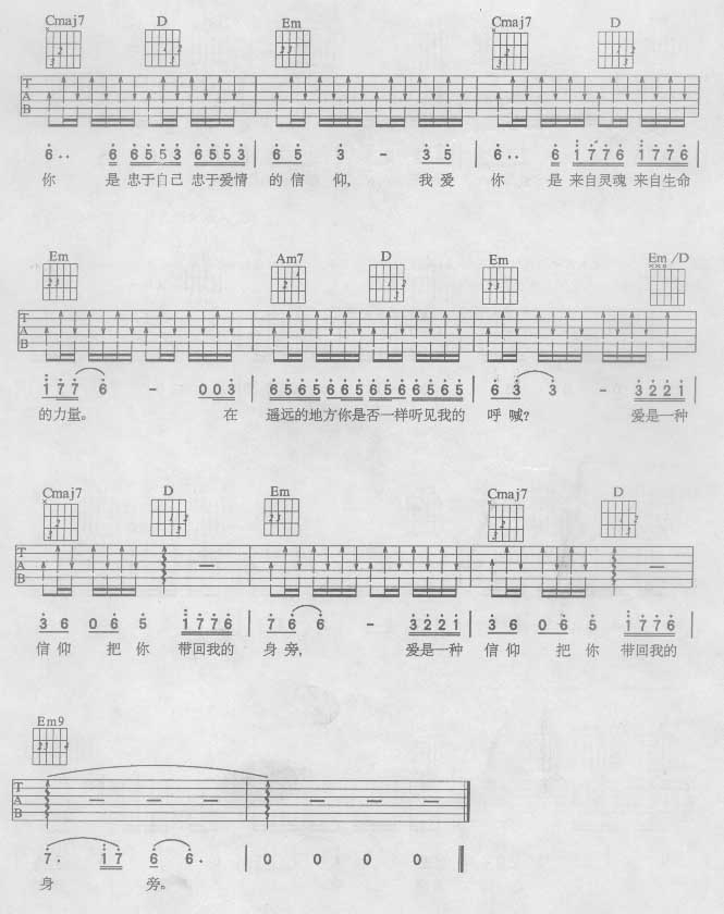 张信哲《信仰》经典版接上面吉他谱