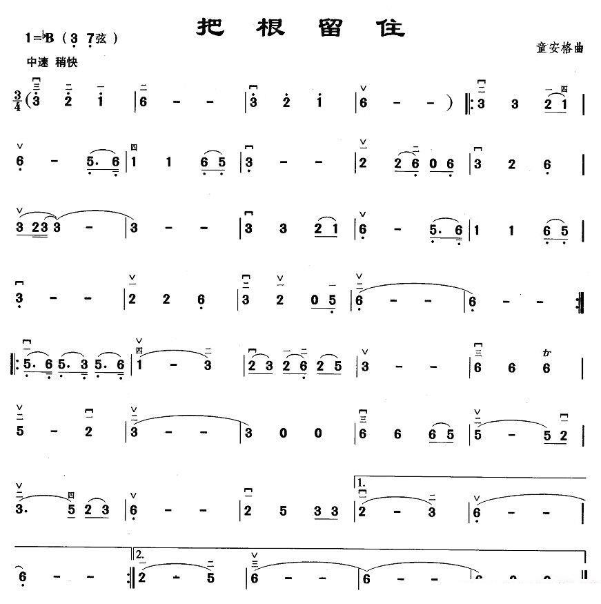 二胡乐谱曲谱 把根留住（童安格曲）