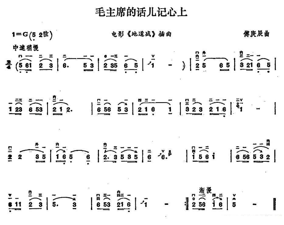 二胡乐谱曲谱 毛主席的话儿记心上（傅庚辰曲）