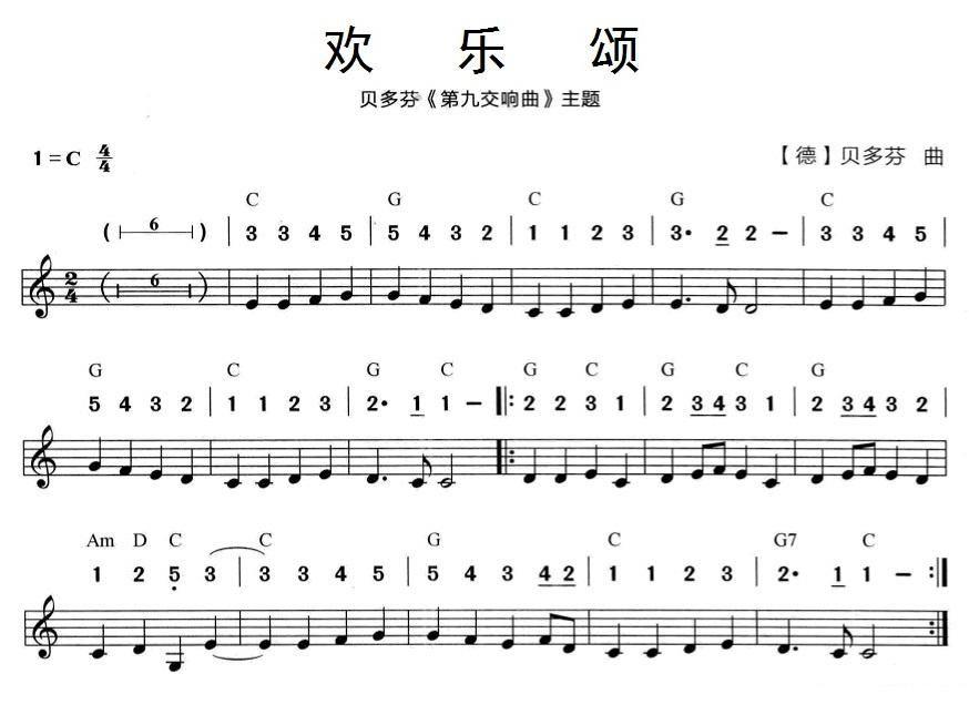 口琴乐谱曲谱 贝多芬《第九交响曲》主题：欢乐颂（线简谱混排版）