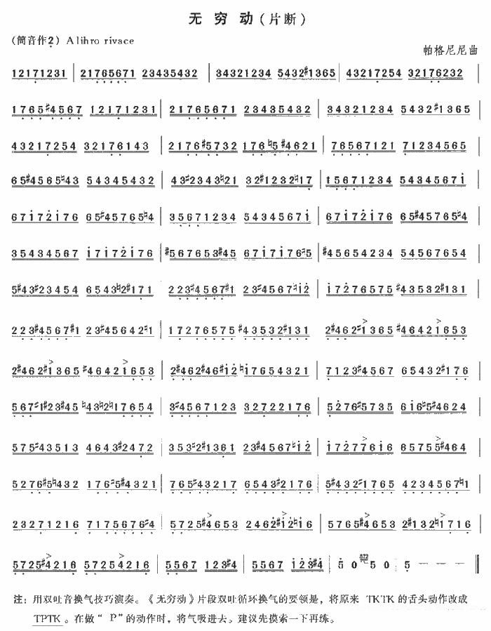 笛箫乐谱曲谱 无穷动（片段 帕格尼尼曲）