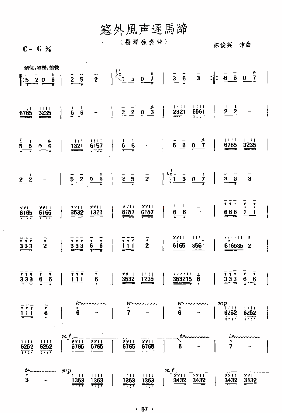 扬琴乐谱曲谱 扬琴独奏曲：塞外风声逐马蹄（陈俊英作曲）