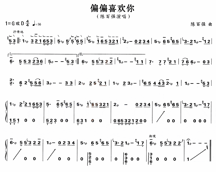 古筝古琴乐谱曲谱 偏偏喜欢你（陈百强曲 陈百强唱）