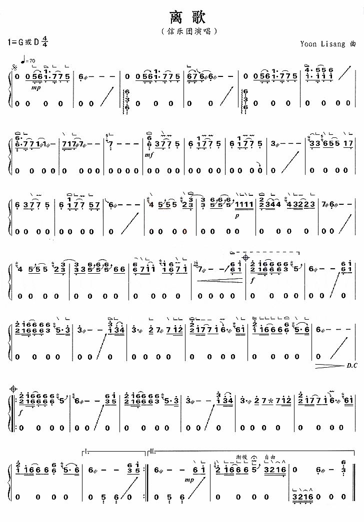古筝古琴乐谱曲谱 离歌（信乐团演唱）