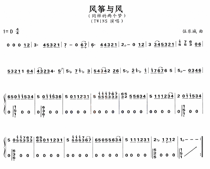 古筝古琴乐谱曲谱 同样的两个梦 TWINS演唱：风筝与风