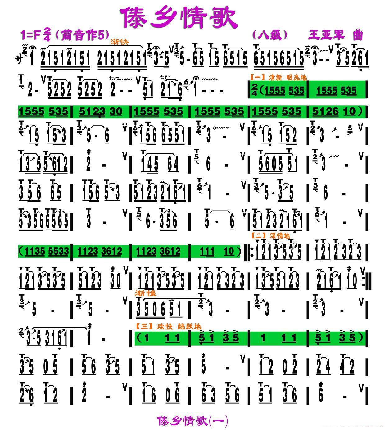 葫芦丝乐谱曲谱 傣乡情歌（王亚军曲 八级）
