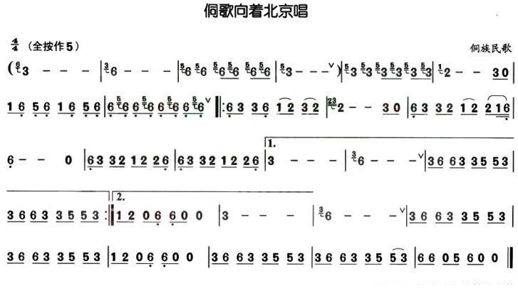 葫芦丝乐谱曲谱 侗歌向着北京唱（侗族民歌 吴宗泽曲）