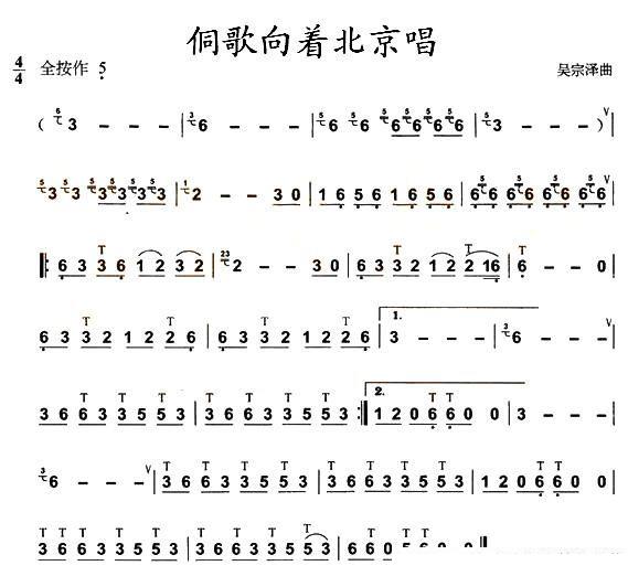 葫芦丝乐谱曲谱 侗歌向着北京唱（侗族民歌 吴宗泽曲）