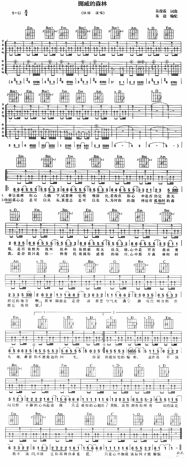 吉他谱乐谱 挪威的森林(吉他谱/六线谱 伍佰演唱)