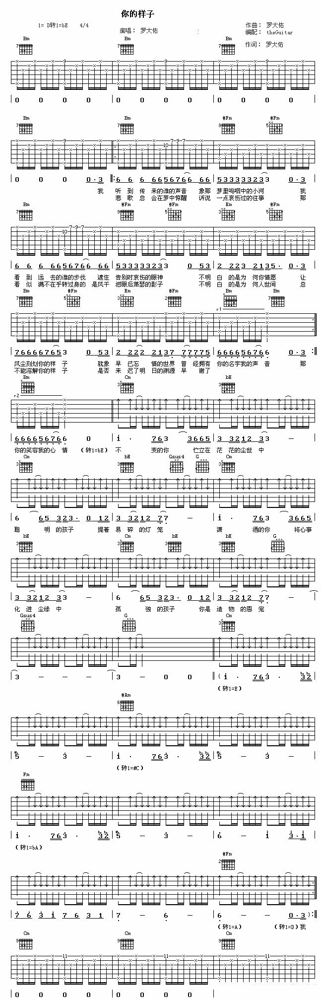 吉他谱乐谱 你的样子（罗大佑词曲）