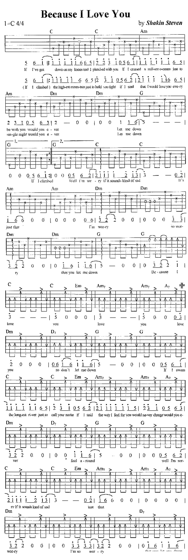 吉他谱乐谱 Shakin/Stevens：Because I Love You（吉他谱/六线谱）