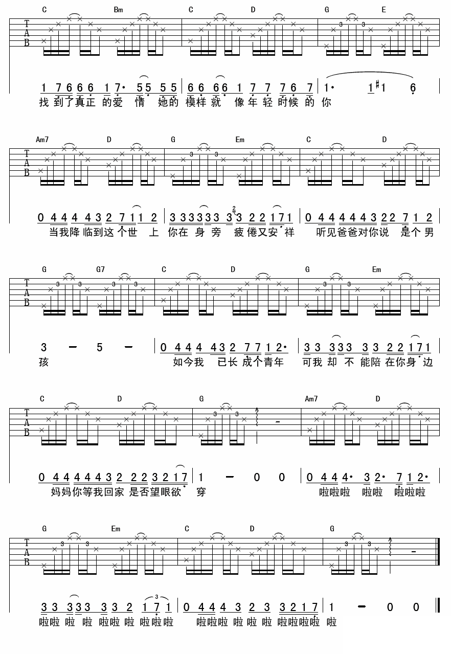 吉他谱乐谱 钟立风演唱：《今天是你的生日，妈妈》吉他谱/六线谱