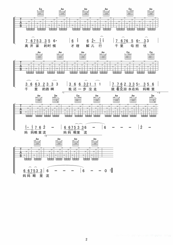 吉他谱乐谱 儿行千里（吉他谱/六线谱 戚建波曲 车行词）
