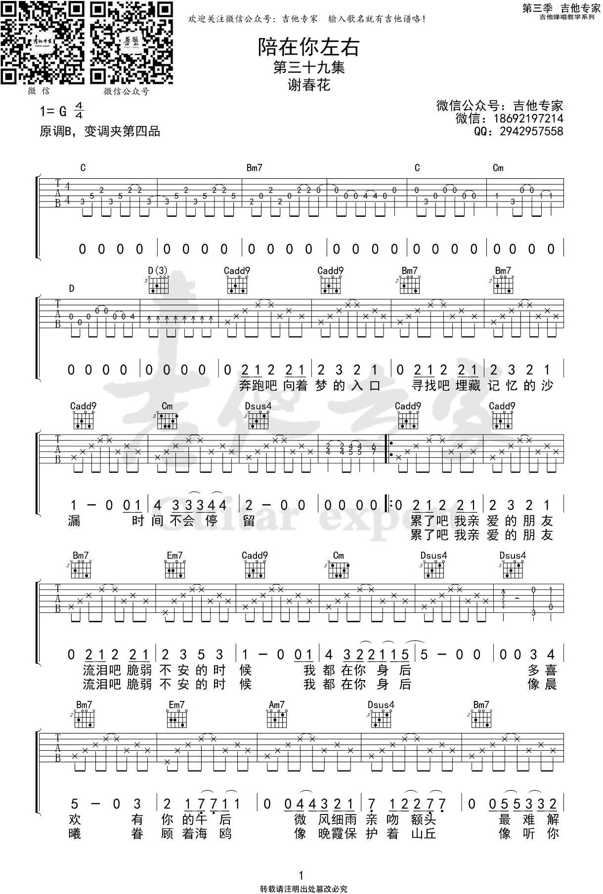 吉他谱乐谱 陪在你左右（谢春花演唱 《五六七》第三季片尾曲 G调弹唱谱）