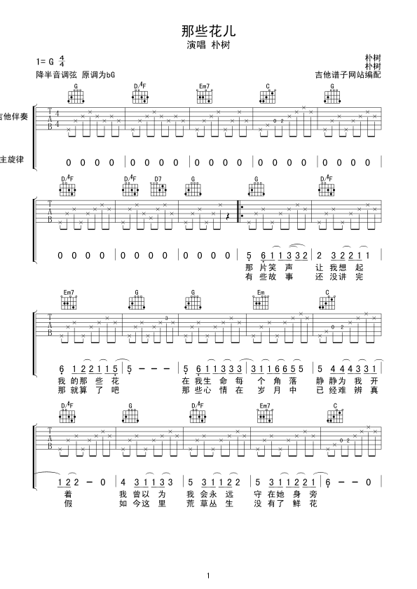 吉他谱乐谱 那些花儿（朴树词曲）