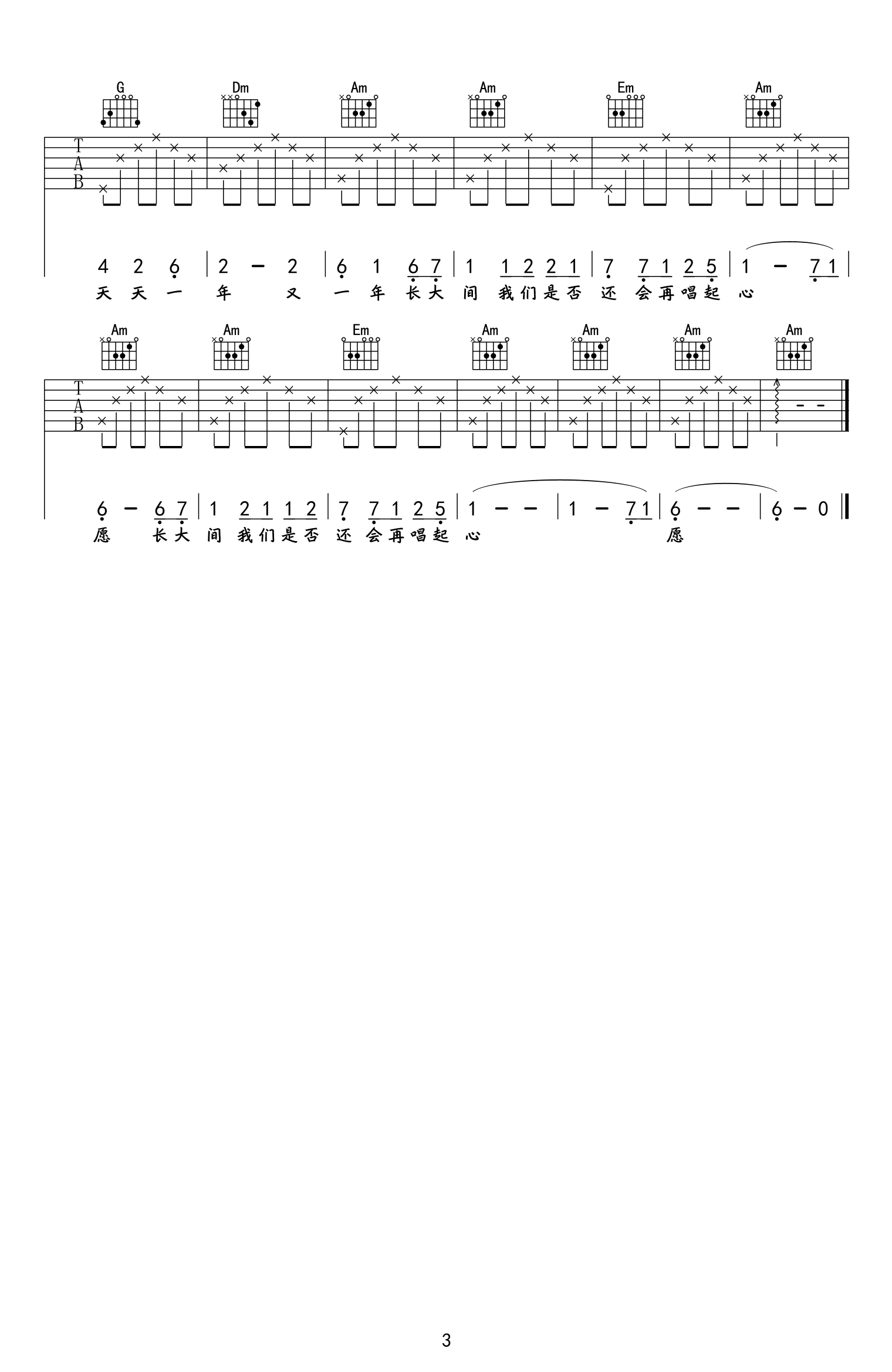 吉他谱乐谱 心愿（四个女生演唱 C调简单版 校园民谣歌曲）