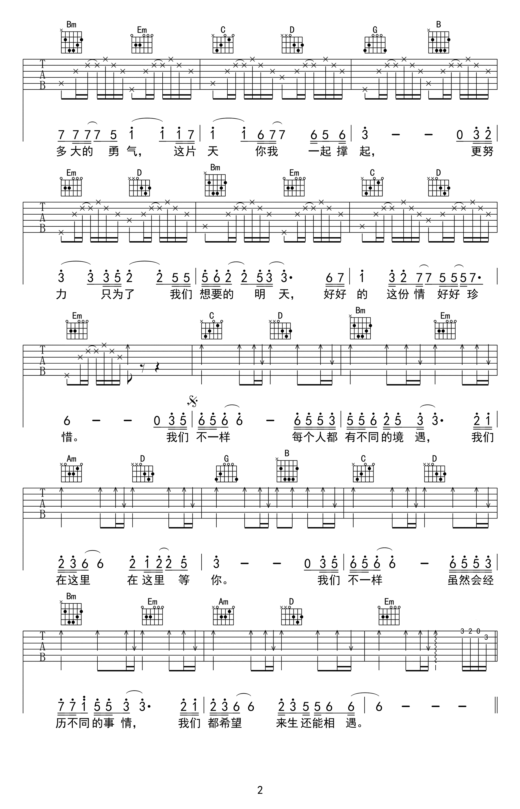 吉他谱乐谱 我们不一样（大壮演唱 张亮编曲）