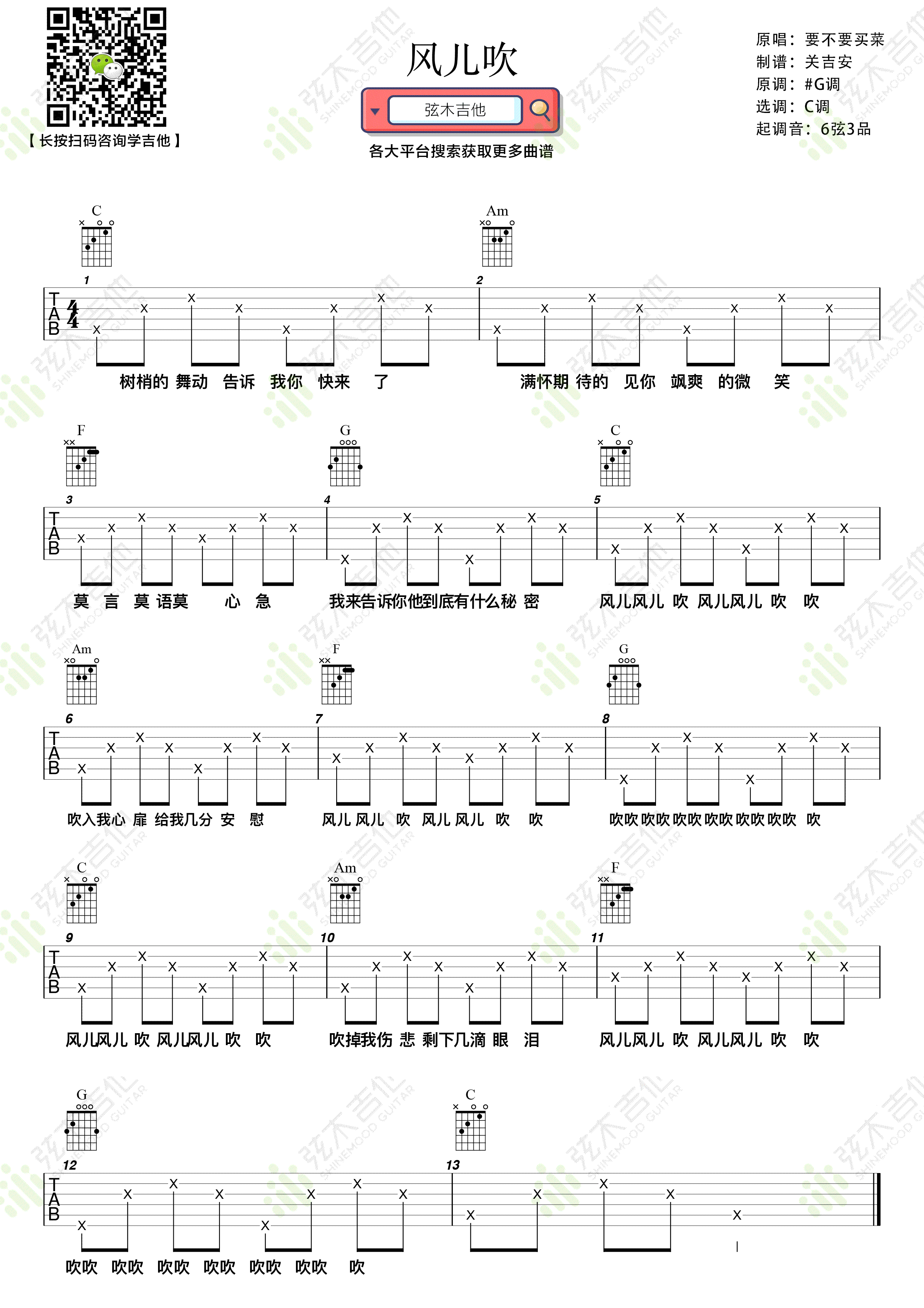 吉他谱乐谱 风儿吹（要不要买菜演唱 C调弹唱谱简单版）