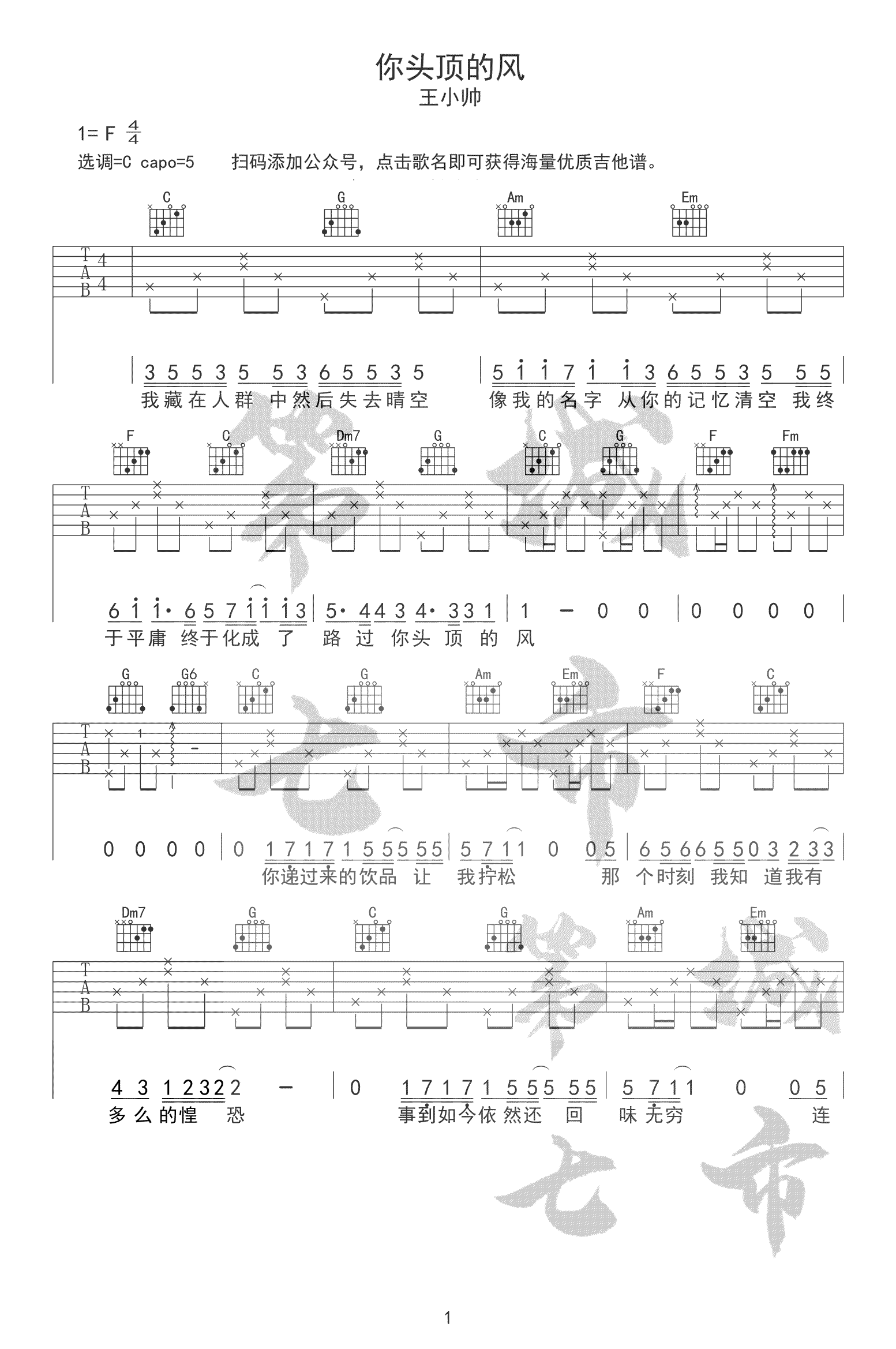吉他谱乐谱 你头顶的风（王小帅演唱 C调弹唱谱）
