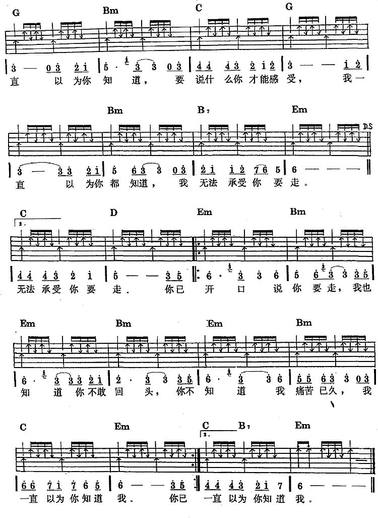 吉他谱乐谱 我一直以为你知道（民族吉他弹唱）