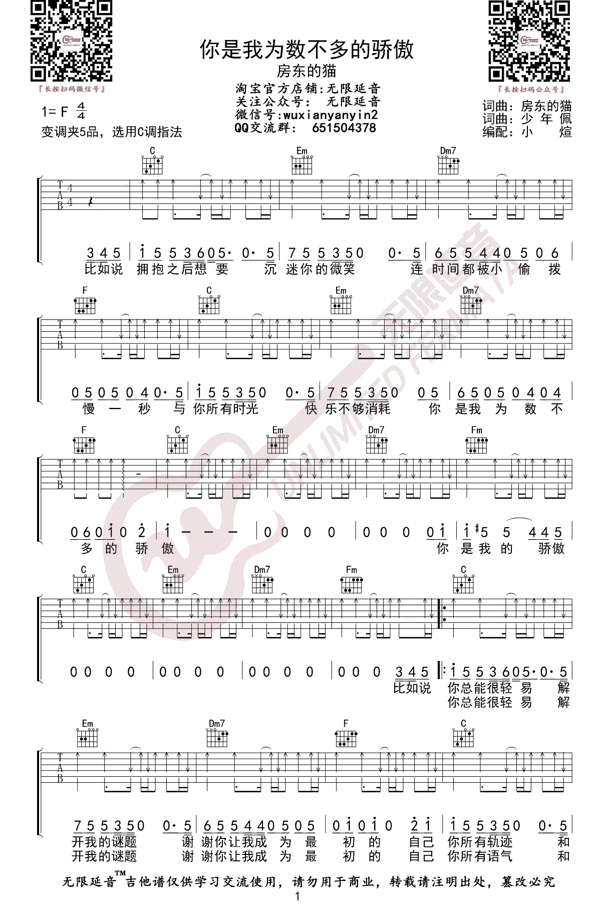 吉他谱乐谱 你是我为数不多的骄傲（房东的猫演唱 C调弹唱谱）