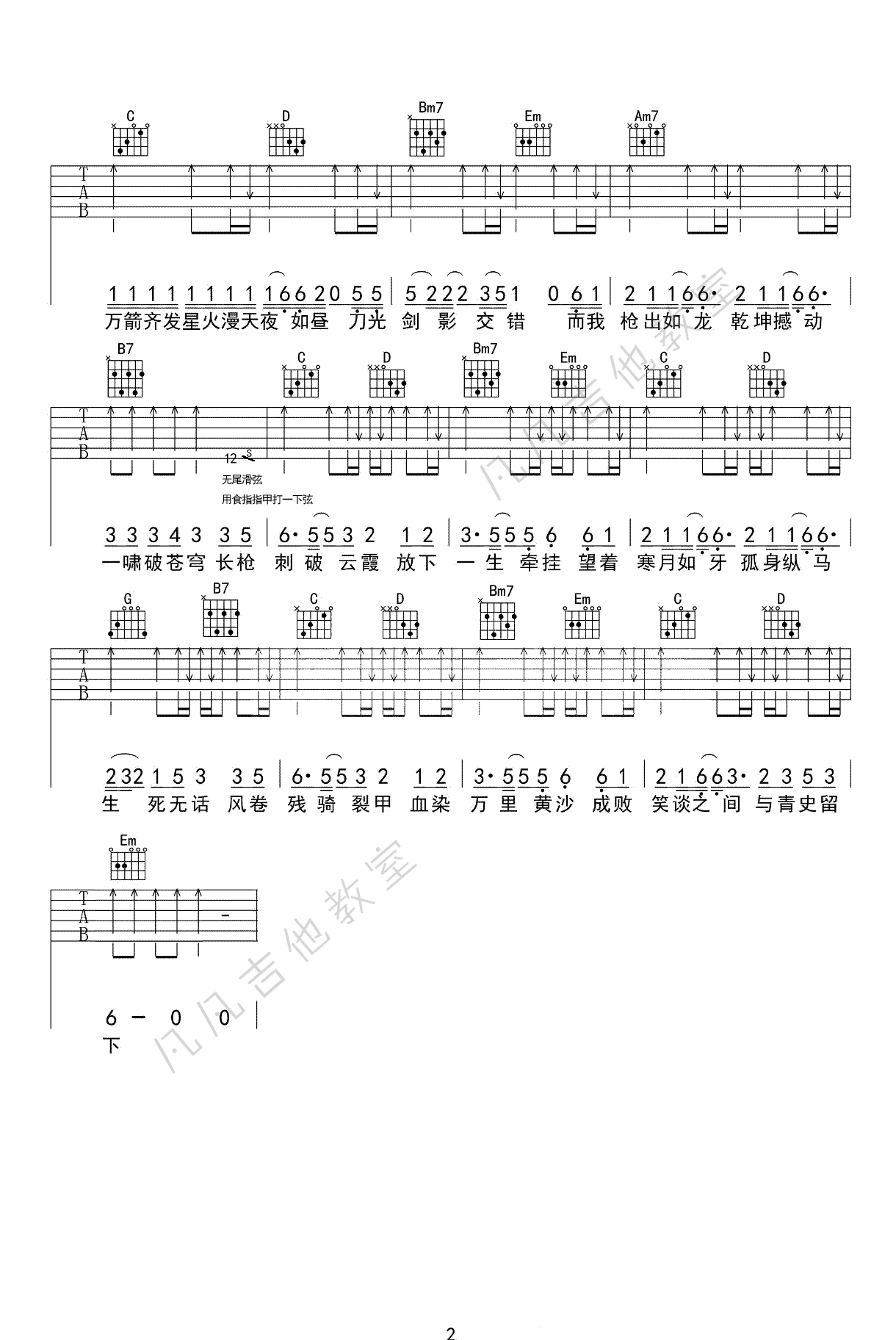 吉他谱乐谱 踏山河（是七叔呢演唱 G调六线谱）