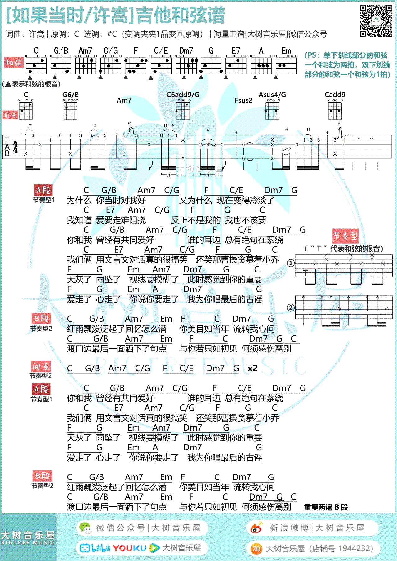 吉他谱乐谱 如果当时（C调弹唱谱 和弦+六线谱版本）