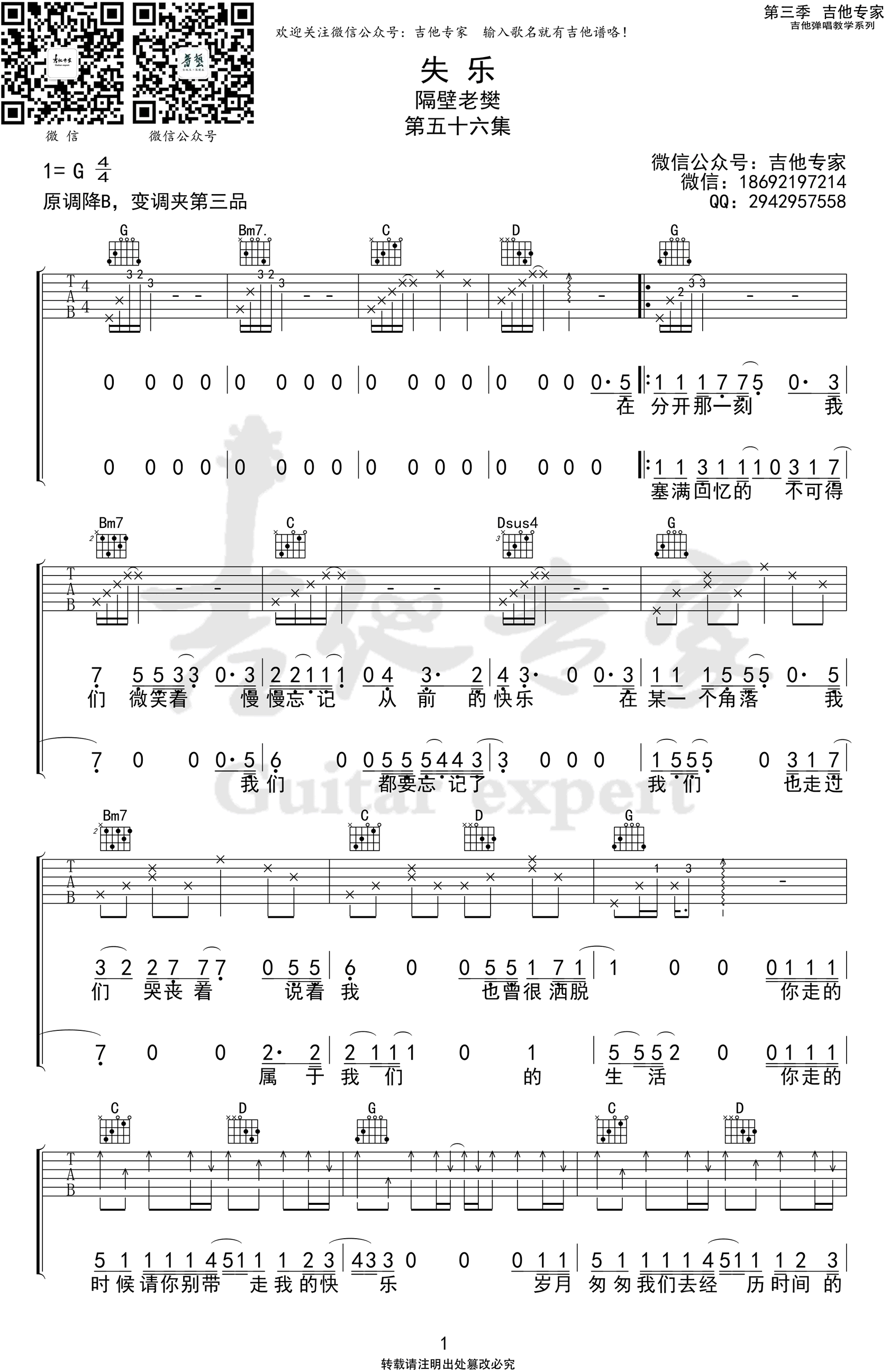 吉他谱乐谱 失乐（隔壁老樊演唱 G调弹唱谱）